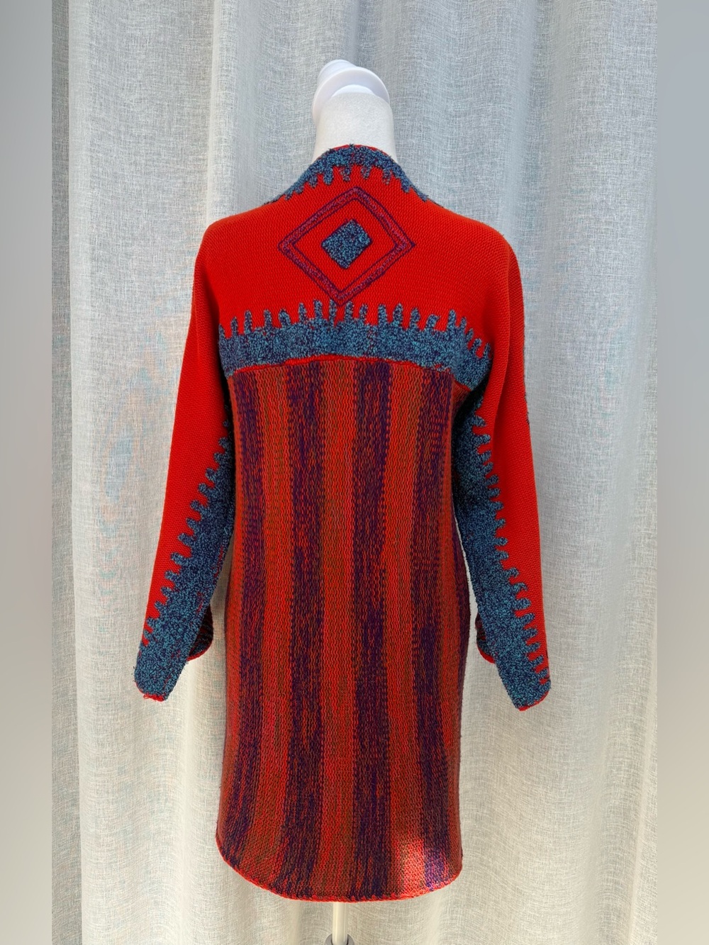 1970s Rikma striped duster jacket featuring a red and blue knitted - Picture 5 of 8
